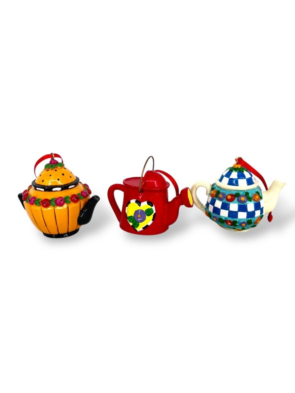 Mary Engelbreit Ceramic Teapot Watering Can Ornaments Set of Three